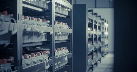 Racks of servers in cool blue light