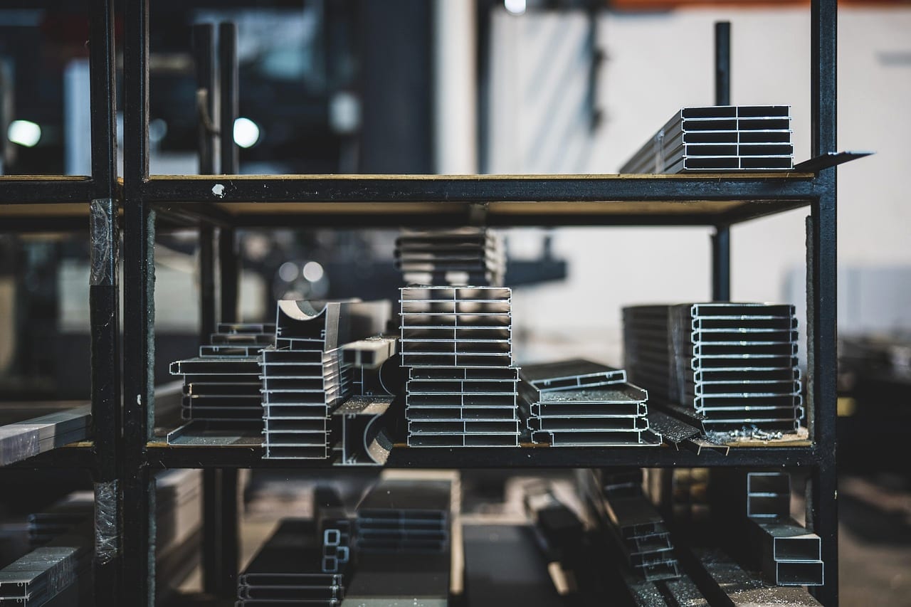 Metal profiles stored on steel racks