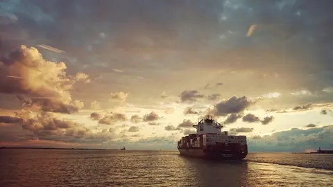 A cargo ship heading out across a sea turned gold by low sun